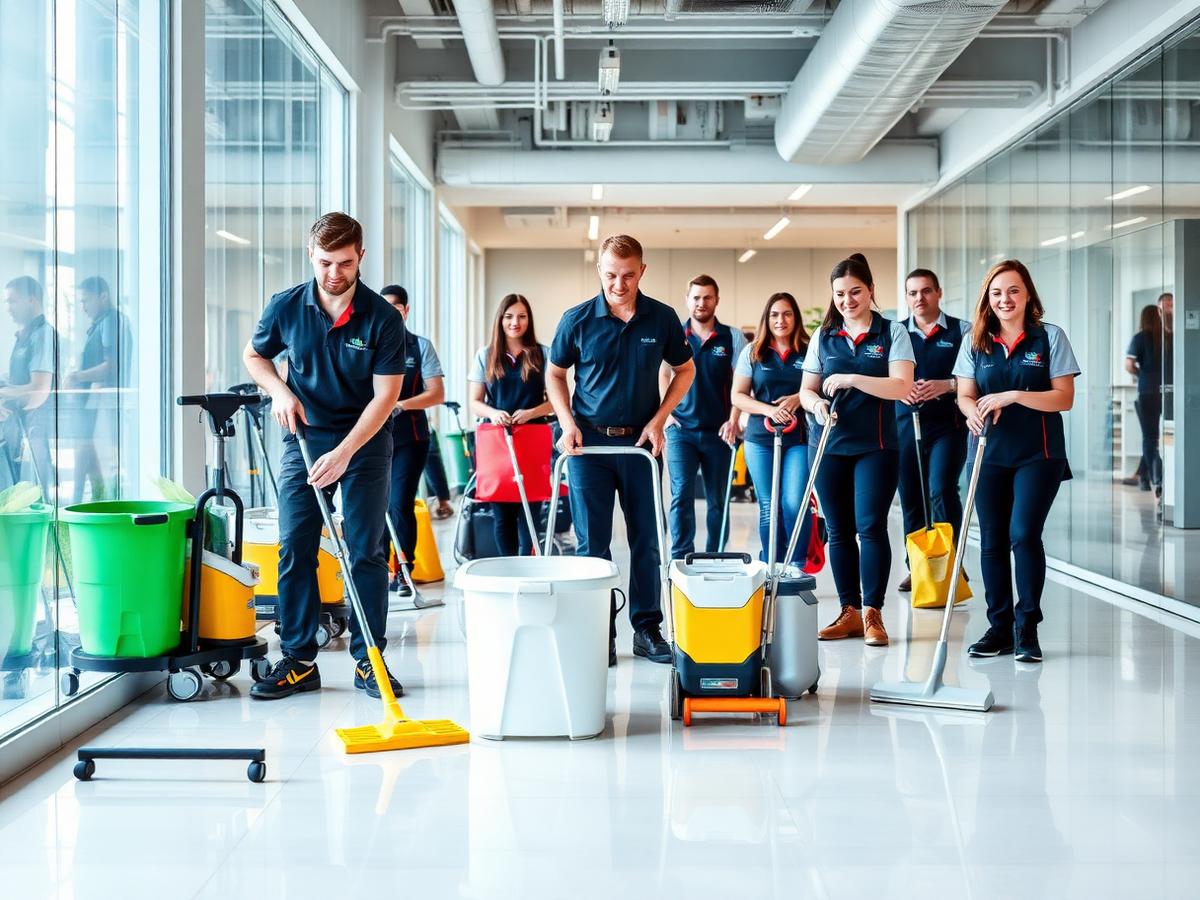 Professional cleaning team using modern equipment